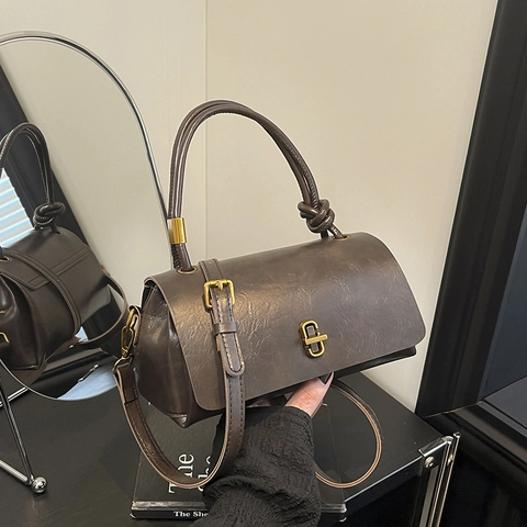 Women Vintage PU Leather Crossbody Bag Gold Twist Lock Knot Handle Flap Small Square Fashion Shoulder Handbag Solid Color