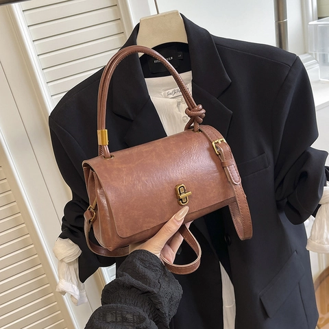 Women Vintage PU Leather Crossbody Bag Gold Twist Lock Knot Handle Flap Small Square Fashion Shoulder Handbag Solid Color