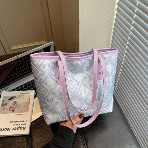 Bolso Tote De Jacquard Retro Para Mujer Bolso De Hombro De Cuero PU De Gran Capacidad Con Patrón Geométrico Y Remaches