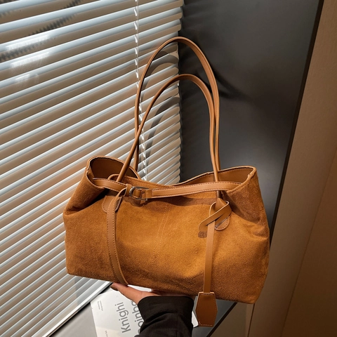 Damen Vintage Wildlederoptik PU Leder Tragetasche Große Kapazität Schultertasche Einfache Büro Pendler Handtasche Mit Gürtelschnalle