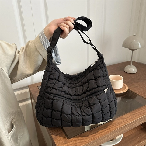 Women Large Capacity Quilted Puffer Tote Bag Nylon Pleated Grid Shoulder Crossbody Underarm Bag Casual Fashion Cloud Bag