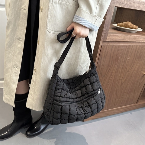 Women Large Capacity Quilted Puffer Tote Bag Nylon Pleated Grid Shoulder Crossbody Underarm Bag Casual Fashion Cloud Bag
