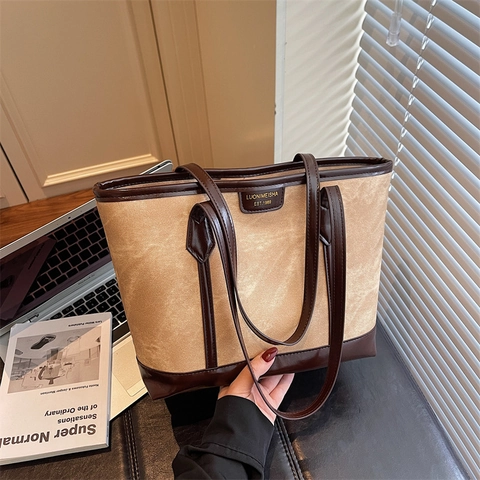 Borsa Tote Retro Grande Capacità Da Donna Patchwork Bicolore Pelle PU Trama Scamosciata Borsa A Spalla Daily Commute Chic