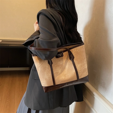 Borsa Tote Retro Grande Capacità Da Donna Patchwork Bicolore Pelle PU Trama Scamosciata Borsa A Spalla Daily Commute Chic