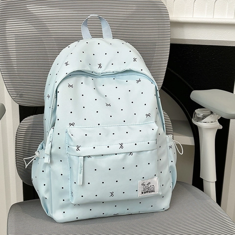 Cute Polka Dot Bow Backpack Nylon Large Capacity School Bag For Students Teenagers Fresh Style Travel Daypack