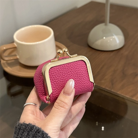 Vintage Litchi Grain PU Leather Mini Kiss Lock Coin Purse Women Jewelry Necklace Ring Lipstick Small Storage Bag Wallet