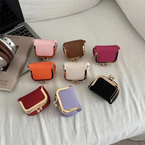 Vintage Litchi Grain PU Leather Mini Kiss Lock Coin Purse Women Jewelry Necklace Ring Lipstick Small Storage Bag Wallet