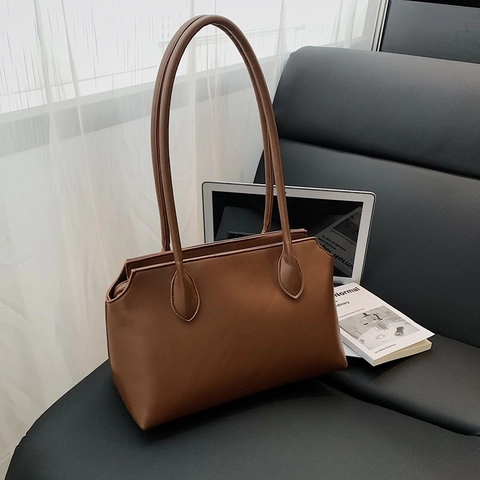 Large Capacity Women Tote Bag Minimalist PU Leather Retro Shoulder Handbag Commuting Daily Work
