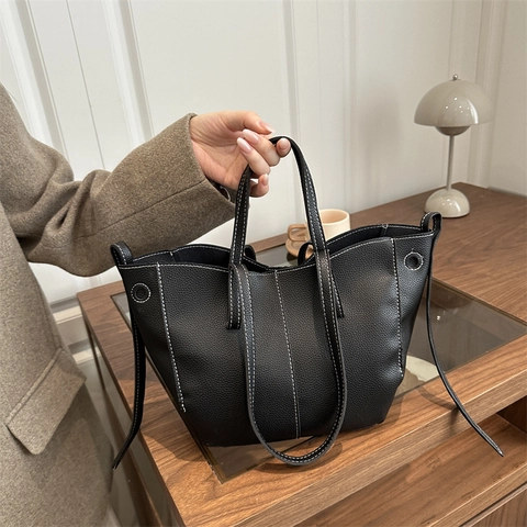 French Style Niche Design Tote Bag Large Capacity Pebbled PU Leather Shoulder Handbag White Contrast Stitching Women Daily