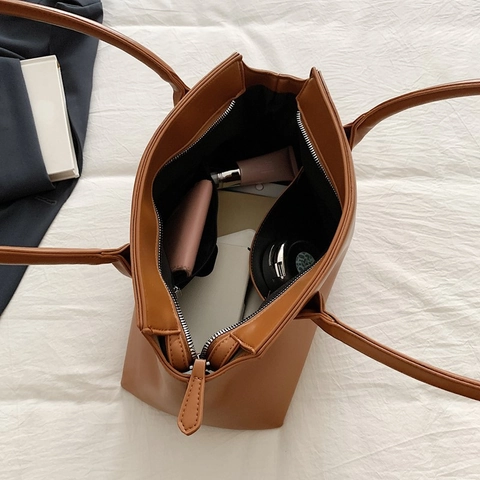 Large Capacity Women Tote Bag Minimalist PU Leather Retro Shoulder Handbag Commuting Daily Work
