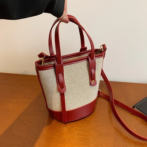 Vintage Canvas PU Leer Patchwork Emmertas Dames Handtas Schoudertas Minimalistische Casual Stijl Gouden Hardware