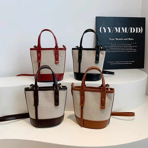 Vintage Canvas PU Leer Patchwork Emmertas Dames Handtas Schoudertas Minimalistische Casual Stijl Gouden Hardware