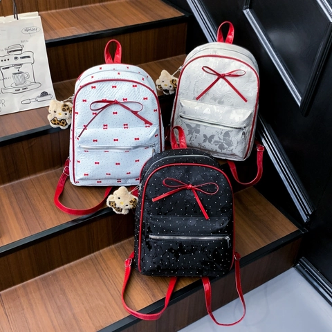 Women Mini Backpack Fashion PU Leather Sweet Butterfly Bow Daypack College Style Polka Dot Butterfly Print Red Trim