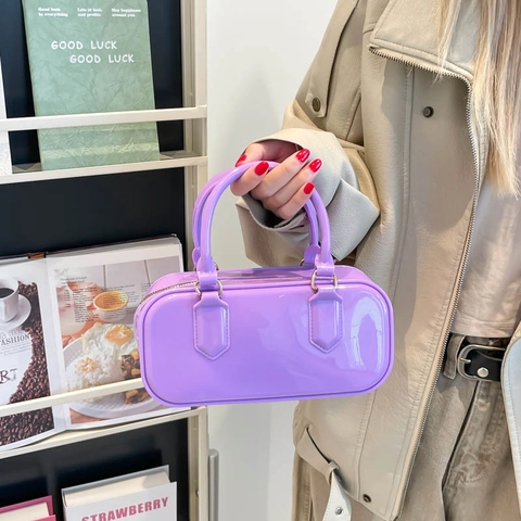 Bolso Boston De PVC Brillante Macaron Color Caramelo Forma Almohada Bolso De Mano Bandolera Para Mujer Con Asas Correa Ajustable
