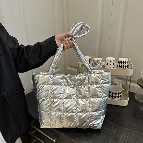 Large Capacity Quilted Puffer Tote Bag Metallic Shiny Fabric Fashion Shoulder Handbag Commuter Casual For Women
