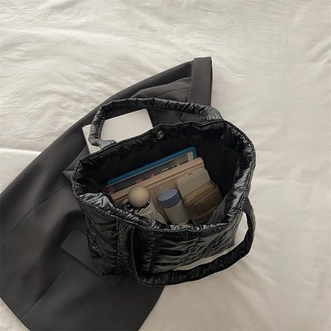 Large Capacity Quilted Puffer Tote Bag Metallic Shiny Fabric Fashion Shoulder Handbag Commuter Casual For Women