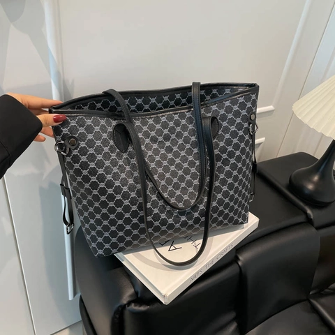 Vintage Tote Bag Mit Allover Print Große Kapazität Kunstleder Handtasche Reißverschluss Schultertasche Für Damen