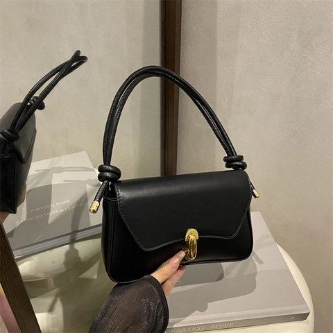 Borsa a Spalla Piccola Quadrata da Donna in Pelle PU Minimalista Borsa Sottobraccio Con Dettaglio Nodo Tracolla Chiusura in Metallo Oro