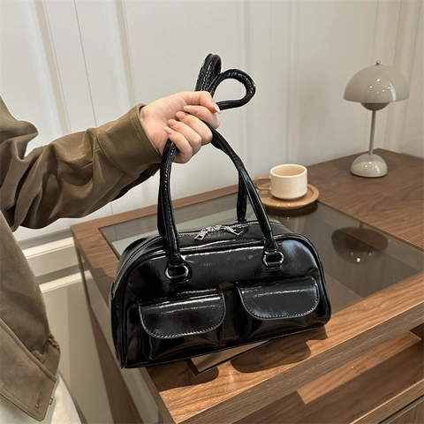 Women Underarm Bag Glossy PU Leather Dual Front Pockets Retro Baguette Shoulder Bag Korean Chic