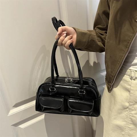 Women Underarm Bag Glossy PU Leather Dual Front Pockets Retro Baguette Shoulder Bag Korean Chic