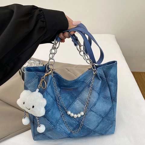 Borsa Tote Trapuntata Grande Capacità Pelle PU Motivo Rombi Catena Künstliche Perle Pendente Nuvola Peluche Borsa Spalla Moda