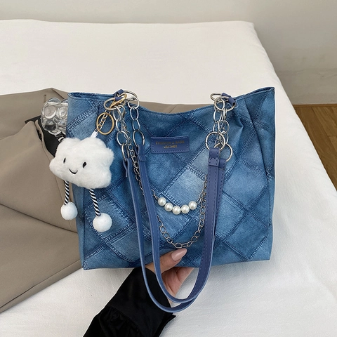 Borsa Tote Trapuntata Grande Capacità Pelle PU Motivo Rombi Catena Künstliche Perle Pendente Nuvola Peluche Borsa Spalla Moda