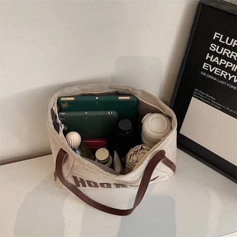 Damen Canvas Tote Bag Große Kapazität Buchstaben Druck Minimalistische Lässige Schulterhandtasche Mit PU-Lederriemen