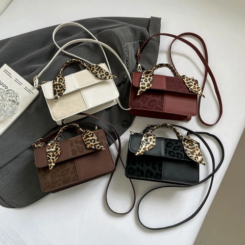 Bolso Bandolera Retro Para Mujer Cuero PU Bloque De Color Bolso Cuadrado Con Mango De Pañuelo Leopardo Correa Ajustable