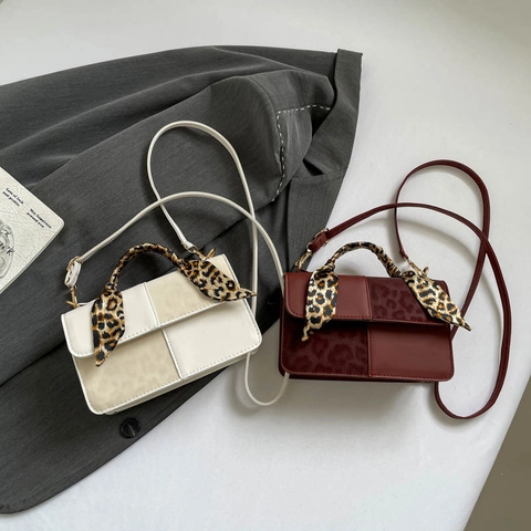 Bolso Bandolera Retro Para Mujer Cuero PU Bloque De Color Bolso Cuadrado Con Mango De Pañuelo Leopardo Correa Ajustable
