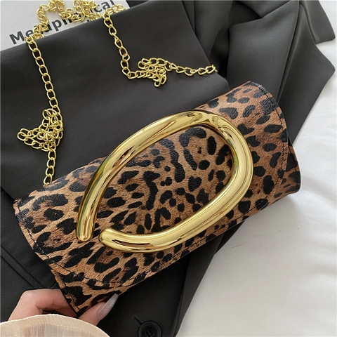 Women Crossbody Bag Large Gold Metal Buckle Chain PU Leather Leopard Print Rectangular Flap Evening Party Handbag