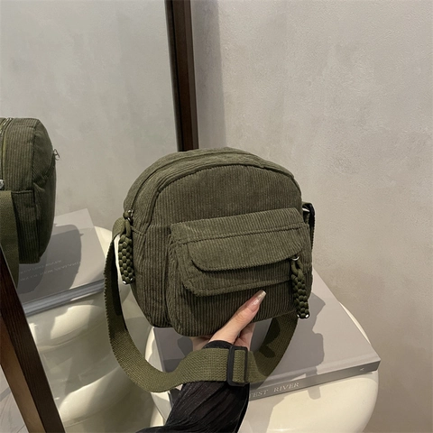 Corduroy Umhängetasche Damen Lässig Retro Kleine Quadratische Schultertasche Mit Vordertasche Und Gewebtem Reißverschlusszug