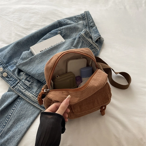Corduroy Umhängetasche Damen Lässig Retro Kleine Quadratische Schultertasche Mit Vordertasche Und Gewebtem Reißverschlusszug