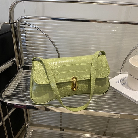 Baguette Underarm Shoulder Bag Crocodile Pattern PU Leather Gold Metal Buckle Retro Simple Casual Women
