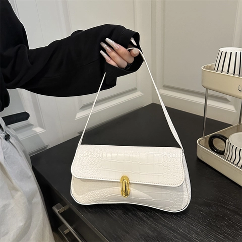 Baguette Underarm Shoulder Bag Crocodile Pattern PU Leather Gold Metal Buckle Retro Simple Casual Women
