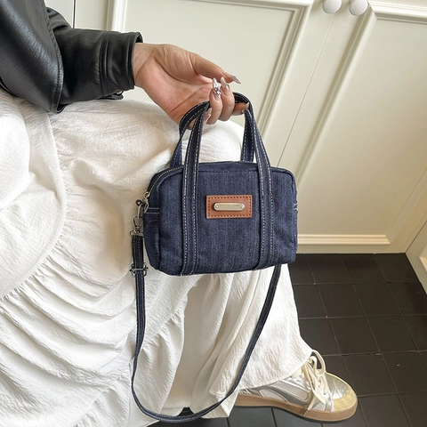 Borsa Boston Mini In Denim Vintage Cuciture A Contrasto Borsa A Mano Donna Tracolla Con Patch In Pelle E Tracolla