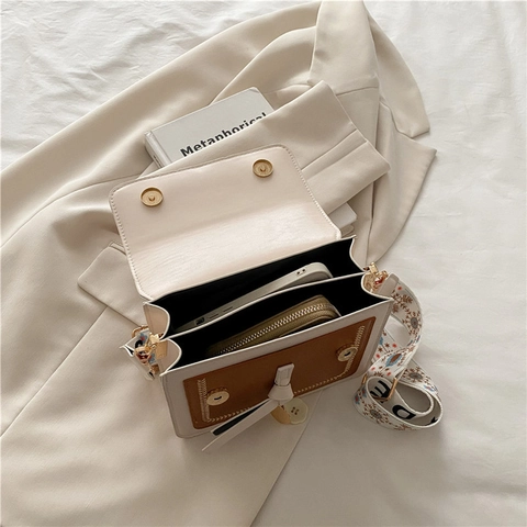 Bolso Bandolera Mujer Pequeño Cuadrado Cuero PU Correa Ancha Bordado Bohemio Bloque De Color Compartimentos Múltiples Bolso