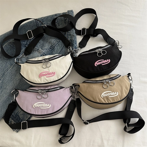 Bolso Bandolera De Media Luna De Nailon Informal Bolso De Pecho Streetwear Con Cremallera De Anillo Grande Y Bordado De Letras Para Mujer
