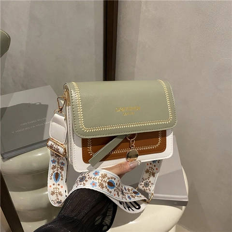 Dames Patchwork PU Leren Schoudertas Met Geborduurde Brede Band Mode Crossbody Vierkante Tas Stedelijk Minimalistische Tas