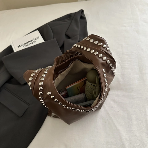 Vintage Rivet Studded Hobo Shoulder Bag PU Leather Large Capacity Casual Underarm Tote For Women