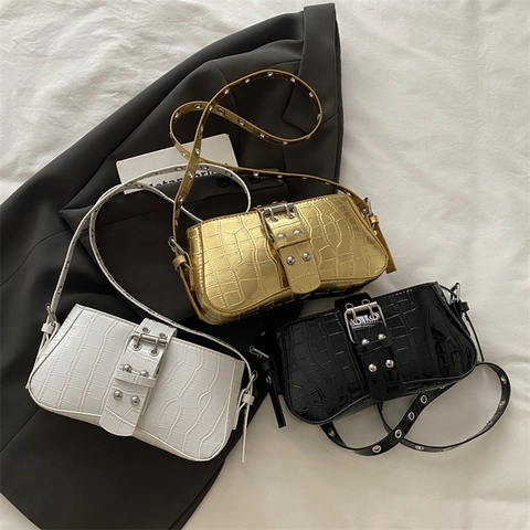Borsa Sottobraccio Donna Effetto Coccodrillo Pelle PU Borsa A Spalla Con Borchie Metalliche Tracolla Occhielli Retro