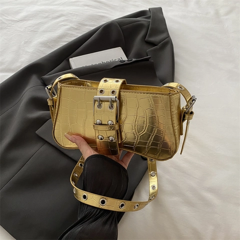 Borsa Sottobraccio Donna Effetto Coccodrillo Pelle PU Borsa A Spalla Con Borchie Metalliche Tracolla Occhielli Retro