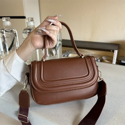 Women Fashion PU Leather Crossbody Bag Flap Square Top Handle Wide Webbing Strap Retro Shoulder Satchel For Daily