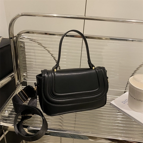 Women Fashion PU Leather Crossbody Bag Flap Square Top Handle Wide Webbing Strap Retro Shoulder Satchel For Daily
