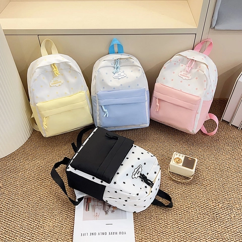 Mochila De Nailon Con Estampado De Estrellas Logo De Nube Bolso Escolar Informal Estilo Coreano Para Estudiantes Niñas