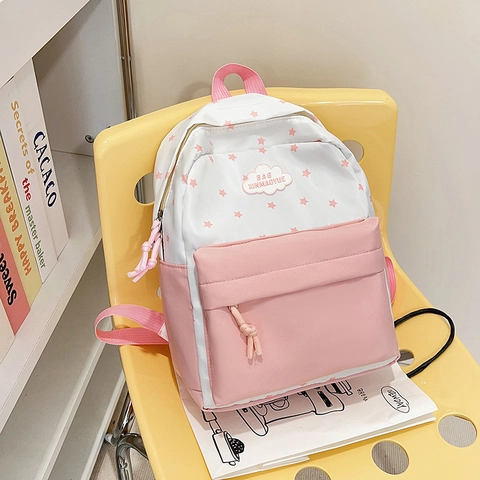 Mochila Ligera de Nailon Con Estampado de Estrellas Color de Contraste Bolso Escolar para Niñas Mujeres Viaje Diario Casual