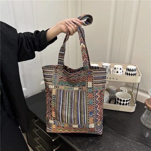 Borsa Tote In Tessuto Bohémien Motivo Geometrico Etnico Grande Capacità Borsa A Spalla Vintage Multicolore Per Donna