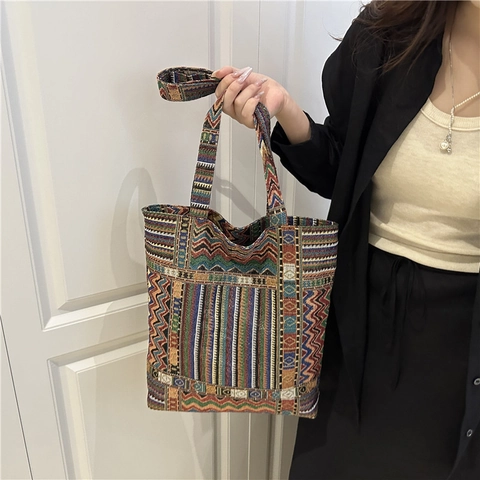 Borsa Tote In Tessuto Bohémien Motivo Geometrico Etnico Grande Capacità Borsa A Spalla Vintage Multicolore Per Donna
