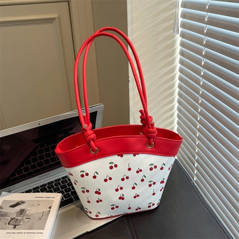 Women Cherry Print PU Leather Shoulder Bag Contrast Color Tote Handbag With Knot Strap Casual Fashion