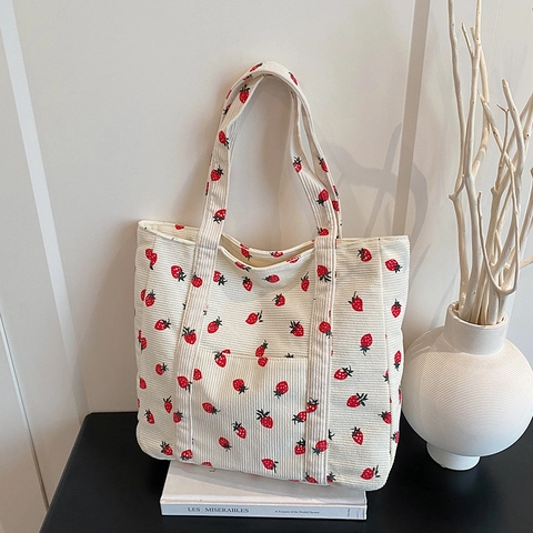 Sac Fourre-tout En Velours Côtelé À Imprimé Fraise Grande Capacité Sac À Épaule Décontracté Avec Poche Avant Style Frais