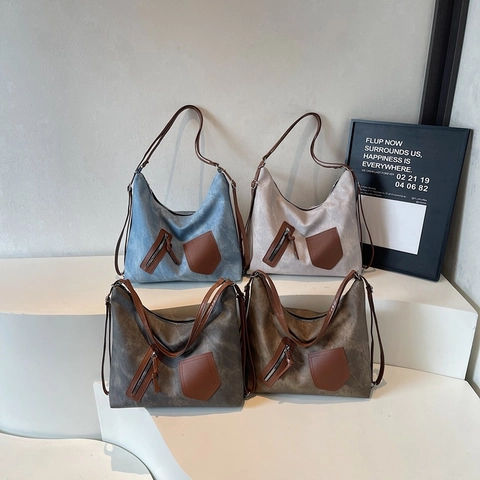 Bolso De Hombro Vintage De Gran Capacidad Color En Contraste Lona Cuero PU Retro Hobo Tote Para Mujer Diario Moderno